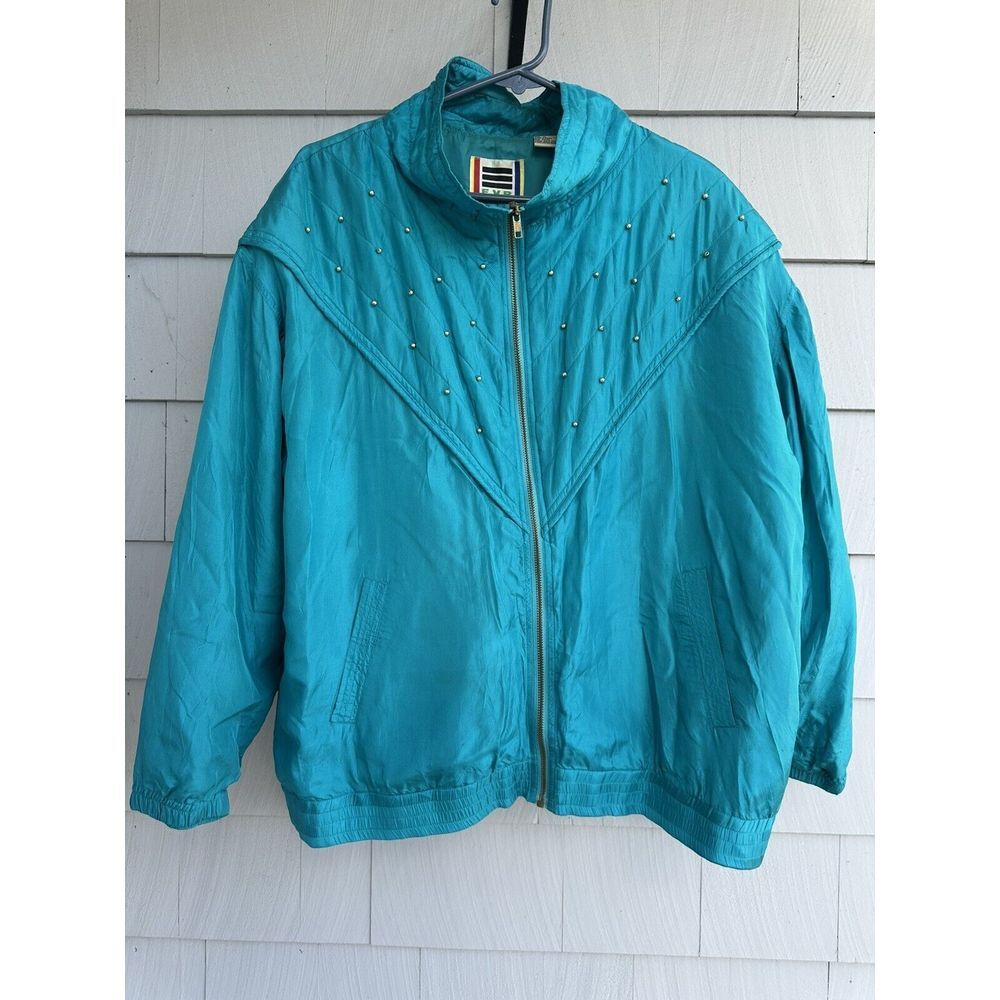 Vintage Retro‎ EVR 90's Silk Teal Blue Bomber Jacket Size XLarge